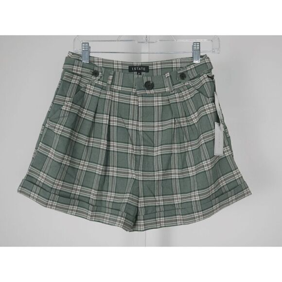 1.STATE Women's Summer Plaid Pleated Rolled-Cuff Shorts 2 - Picture 2 of 10